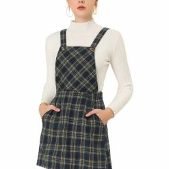 Allegra K Women's Plaids Adjustable Strap Above Knee Overall Suspender Dress