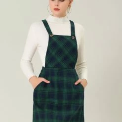 Allegra K Women's Plaids Adjustable Strap Above Knee Overall Suspender Dress