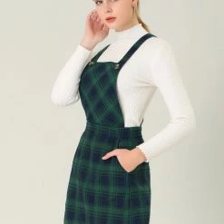 Allegra K Women's Plaids Adjustable Strap Above Knee Overall Suspender Dress