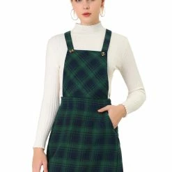 Allegra K Women's Plaids Adjustable Strap Above Knee Overall Suspender Dress