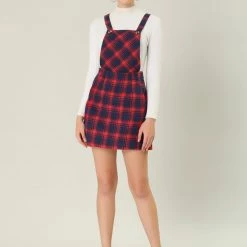 Allegra K Women's Plaids Adjustable Strap Above Knee Overall Suspender Dress