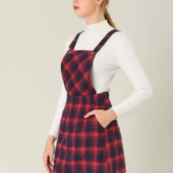 Allegra K Women's Plaids Adjustable Strap Above Knee Overall Suspender Dress