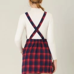 Allegra K Women's Plaids Adjustable Strap Above Knee Overall Suspender Dress