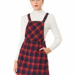 Allegra K Women's Plaids Adjustable Strap Above Knee Overall Suspender Dress
