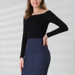 Allegra K Women's Work Office Skirts Stretch Knee Length Dots Printed Skinny Pencil Skirt