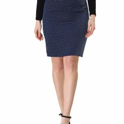 Allegra K Women's Work Office Skirts Stretch Knee Length Dots Printed Skinny Pencil Skirt