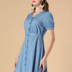 Allegra K Women's Puff Short Sleeve Button Down V Neck Chambray A-Line Dress 13 Allegra K Women's Puff Short Sleeve Button Down V Neck Chambray A-Line Dress