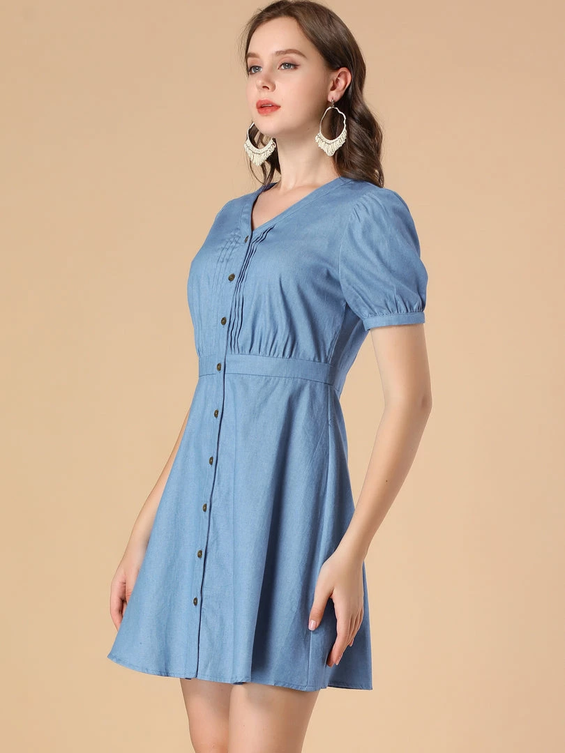 Allegra K Women's Puff Short Sleeve Button Down V Neck Chambray A-Line Dress 7 Allegra K Women's Puff Short Sleeve Button Down V Neck Chambray A-Line Dress