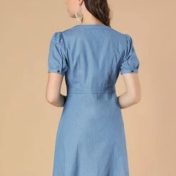 Allegra K Women's Puff Short Sleeve Button Down V Neck Chambray A-Line Dress 14 Allegra K Women's Puff Short Sleeve Button Down V Neck Chambray A-Line Dress