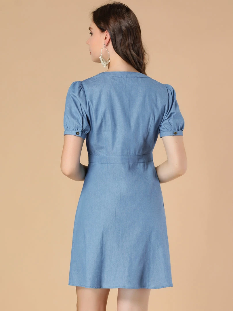 Allegra K Women's Puff Short Sleeve Button Down V Neck Chambray A-Line Dress 8 Allegra K Women's Puff Short Sleeve Button Down V Neck Chambray A-Line Dress