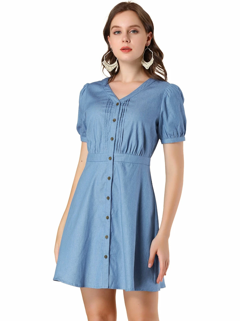 Allegra K Women's Puff Short Sleeve Button Down V Neck Chambray A-Line Dress 4 Allegra K Women's Puff Short Sleeve Button Down V Neck Chambray A-Line Dress