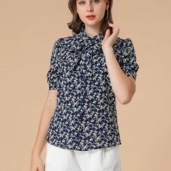 Allegra K Women's Stand Collar Bow Tie Floral Short Sleeve Work Shirt