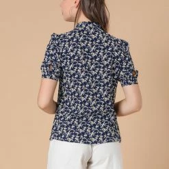 Allegra K Women's Stand Collar Bow Tie Floral Short Sleeve Work Shirt