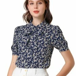 Allegra K Women's Stand Collar Bow Tie Floral Short Sleeve Work Shirt