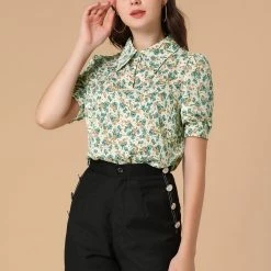 Allegra K Women's Vintage Floral Blouse Turndown Collar Split Neck Puff Short Sleeve Chiffon Elegant Shirt 12 Allegra K Women's Vintage Floral Blouse Turndown Collar Split Neck Puff Short Sleeve Chiffon Elegant Shirt
