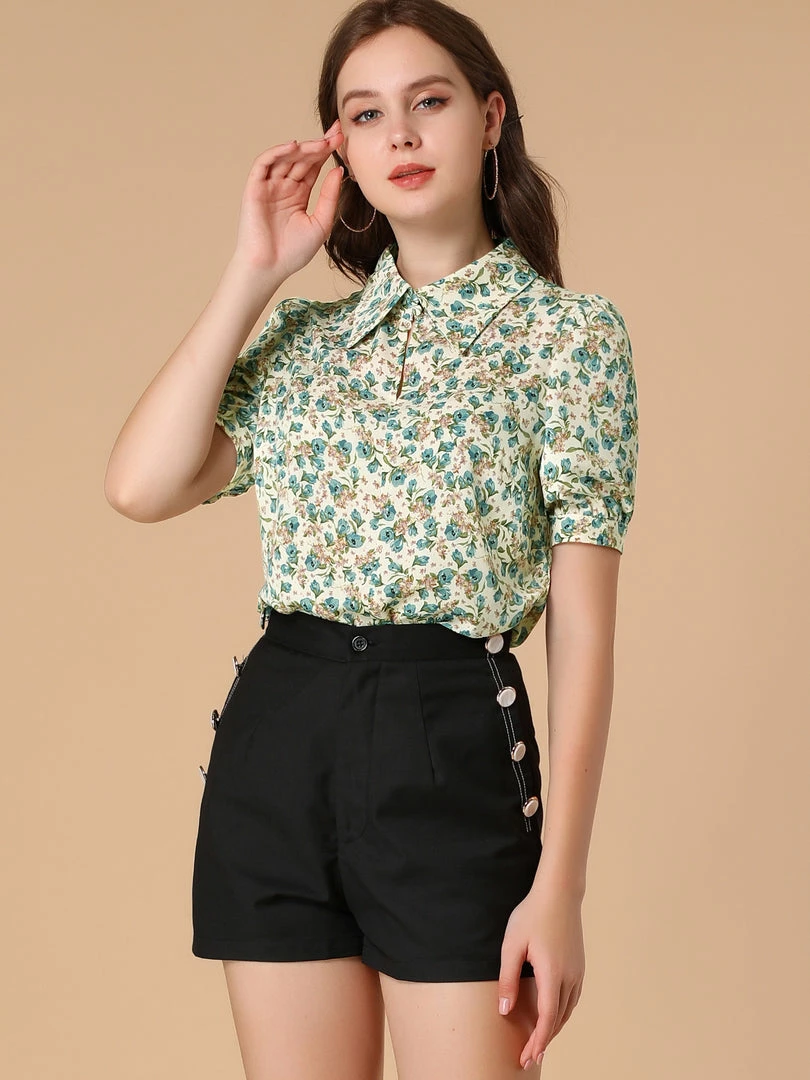 Allegra K Women's Vintage Floral Blouse Turndown Collar Split Neck Puff Short Sleeve Chiffon Elegant Shirt 6 Allegra K Women's Vintage Floral Blouse Turndown Collar Split Neck Puff Short Sleeve Chiffon Elegant Shirt