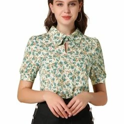 Allegra K Women's Vintage Floral Blouse Turndown Collar Split Neck Puff Short Sleeve Chiffon Elegant Shirt