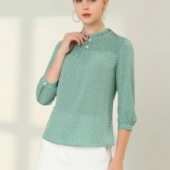 Allegra K Women's Frill Mock Neck Smocked 3/4 Sleeves Elegant Polka Dots Shirt Blouse