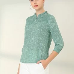 Allegra K Women's Frill Mock Neck Smocked 3/4 Sleeves Elegant Polka Dots Shirt Blouse