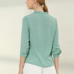 Allegra K Women's Frill Mock Neck Smocked 3/4 Sleeves Elegant Polka Dots Shirt Blouse