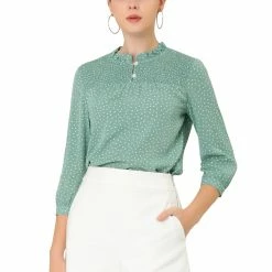 Allegra K Women's Frill Mock Neck Smocked 3/4 Sleeves Elegant Polka Dots Shirt Blouse
