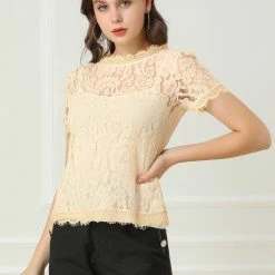 Women Allegra K Scalloped Trim Short Shirred Sleeves Sheer Floral Lace Top