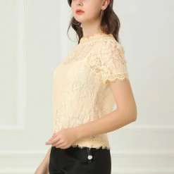 Women Allegra K Scalloped Trim Short Shirred Sleeves Sheer Floral Lace Top
