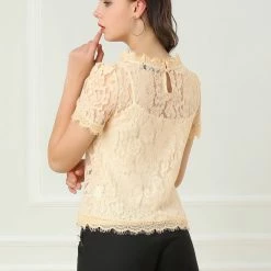 Women Allegra K Scalloped Trim Short Shirred Sleeves Sheer Floral Lace Top