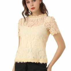 Women Allegra K Scalloped Trim Short Shirred Sleeves Sheer Floral Lace Top