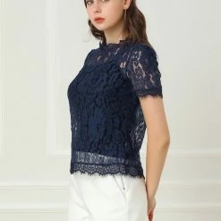 Women Allegra K Scalloped Trim Short Shirred Sleeves Sheer Floral Lace Top