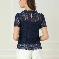 Women Allegra K Scalloped Trim Short Shirred Sleeves Sheer Floral Lace Top