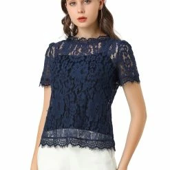 Women Allegra K Scalloped Trim Short Shirred Sleeves Sheer Floral Lace Top