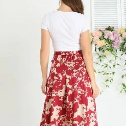 Allegra K Women's High Elastic Waist Belted Slit A-Line Midi Floral Print Skirt