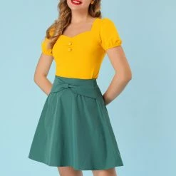 Allegra K Women's Retro Sweetheart Neck Top Ruched Front Button Decor Short Sleeve Blouse 24 Allegra K Women's Retro Sweetheart Neck Top Ruched Front Button Decor Short Sleeve Blouse