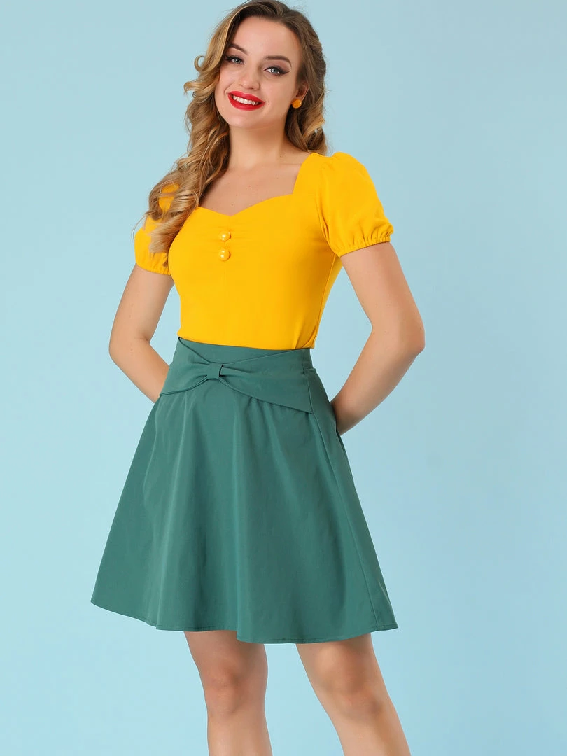 Allegra K Women's Retro Sweetheart Neck Top Ruched Front Button Decor Short Sleeve Blouse 12 Allegra K Women's Retro Sweetheart Neck Top Ruched Front Button Decor Short Sleeve Blouse