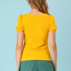 Allegra K Women's Retro Sweetheart Neck Top Ruched Front Button Decor Short Sleeve Blouse 26 Allegra K Women's Retro Sweetheart Neck Top Ruched Front Button Decor Short Sleeve Blouse