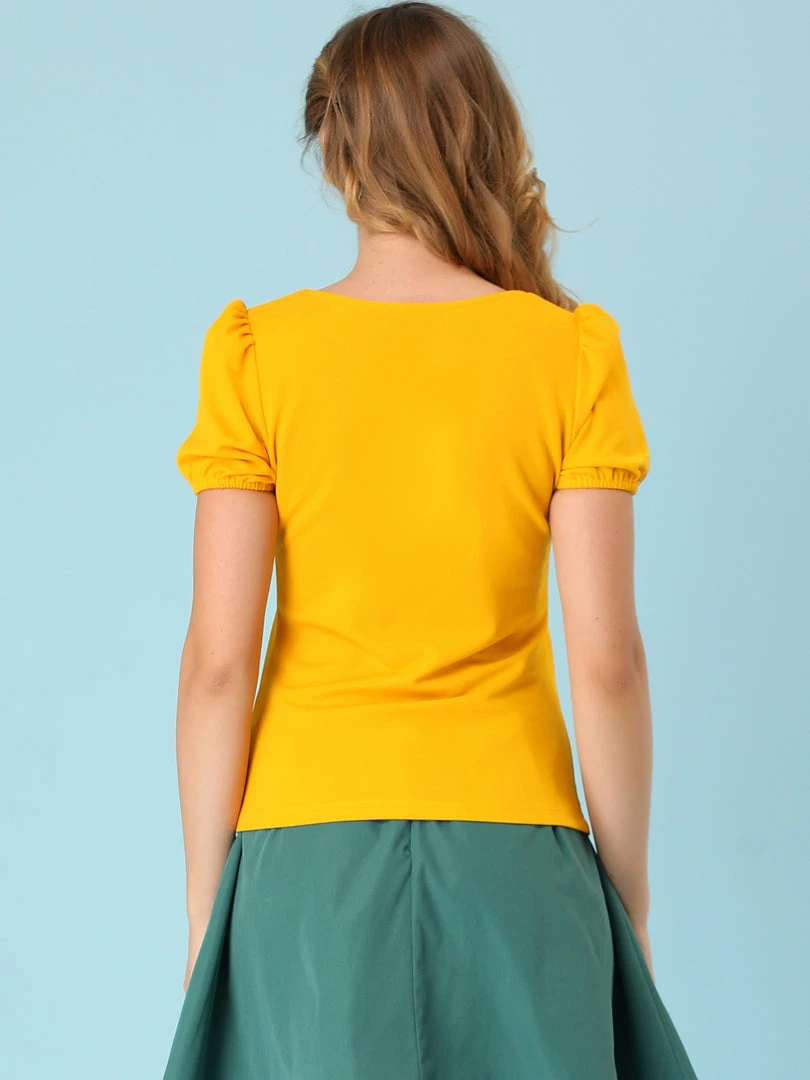 Allegra K Women's Retro Sweetheart Neck Top Ruched Front Button Decor Short Sleeve Blouse 14 Allegra K Women's Retro Sweetheart Neck Top Ruched Front Button Decor Short Sleeve Blouse