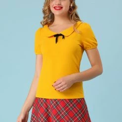 Allegra K Women's Flat Collar Short Sleeve Elastic Cuff Bow Decor Blouse Top