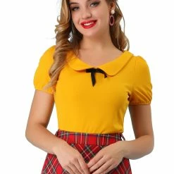 Allegra K Women's Flat Collar Short Sleeve Elastic Cuff Bow Decor Blouse Top