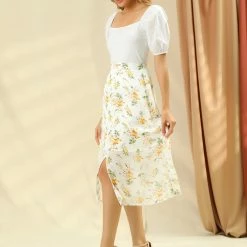 Allegra K Women's Floral Split Front Summer Casual Elastic Waist Back Flowy Midi A-Line Skirt