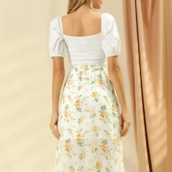 Allegra K Women's Floral Split Front Summer Casual Elastic Waist Back Flowy Midi A-Line Skirt