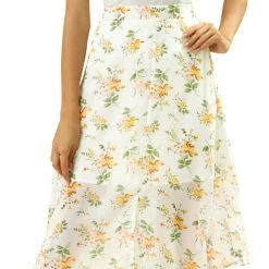 Allegra K Women's Floral Split Front Summer Casual Elastic Waist Back Flowy Midi A-Line Skirt