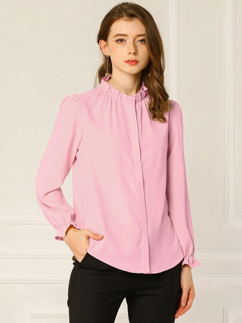 Allegra K Women's Button-Down Work Office Tops Chiffon Ruffled Stand Collar Blouse 16 Allegra K Women's Button-Down Work Office Tops Chiffon Ruffled Stand Collar Blouse