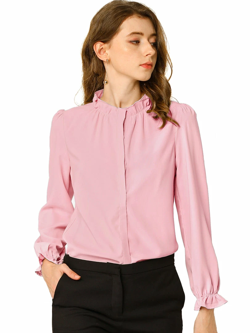 Allegra K Women's Button-Down Work Office Tops Chiffon Ruffled Stand Collar Blouse 14 Allegra K Women's Button-Down Work Office Tops Chiffon Ruffled Stand Collar Blouse