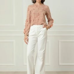 Allegra K Women's Ruffle Trim Long Sleeve Vintage Tops Keyhole Neck Floral Blouse