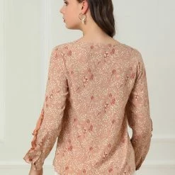 Allegra K Women's Ruffle Trim Long Sleeve Vintage Tops Keyhole Neck Floral Blouse