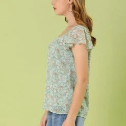 Allegra K Women's Chiffon Ruffle Sleeve Layered Floral Print Blouse Top