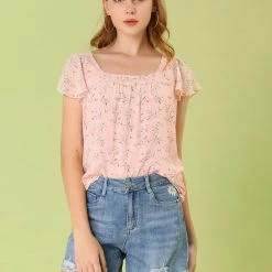 Allegra K Women's Chiffon Ruffle Sleeve Layered Floral Print Blouse Top