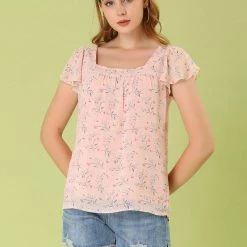 Allegra K Women's Chiffon Ruffle Sleeve Layered Floral Print Blouse Top