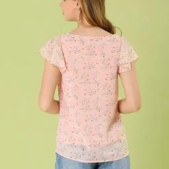 Allegra K Women's Chiffon Ruffle Sleeve Layered Floral Print Blouse Top